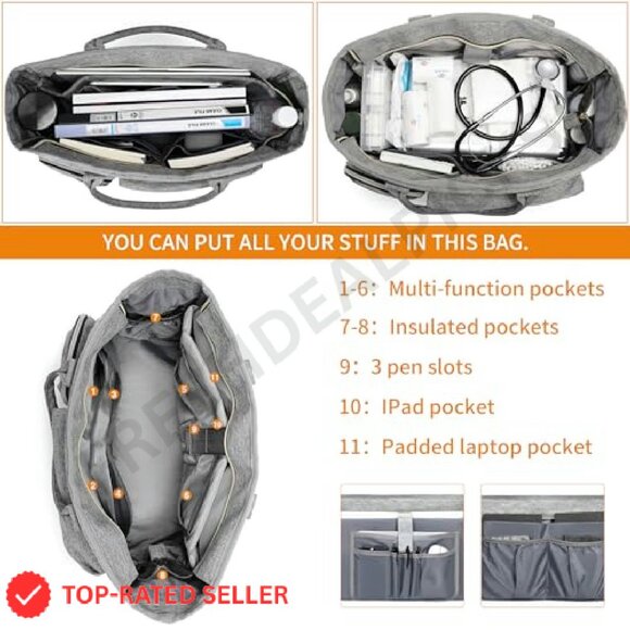 Professional Nurse Tote Bag with Padded Laptop Sleeve Multi-Pocket Work Bag - Picture 4 of 8